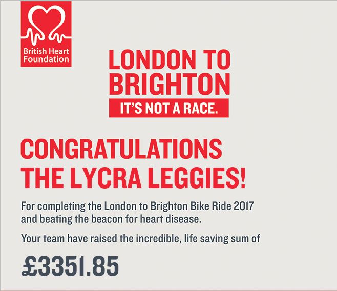 2017 London to Brighton Bike Ride Sponsorship Certificate